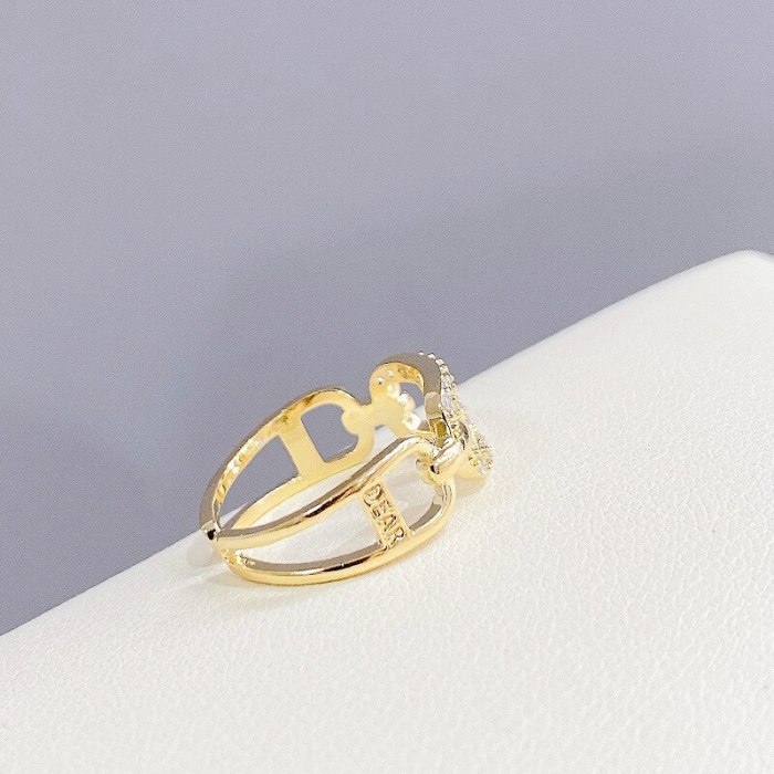H Letter Index Finger Ring Fashion Personality Micro-Inlaid Ring Niche Design Open Ring Female