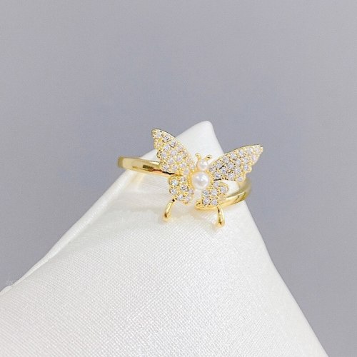 Temperamental Fairy Design Pearl Butterfly Ring Micro-Inlaid Texture Ins Online Influencer Fashion Open Ring