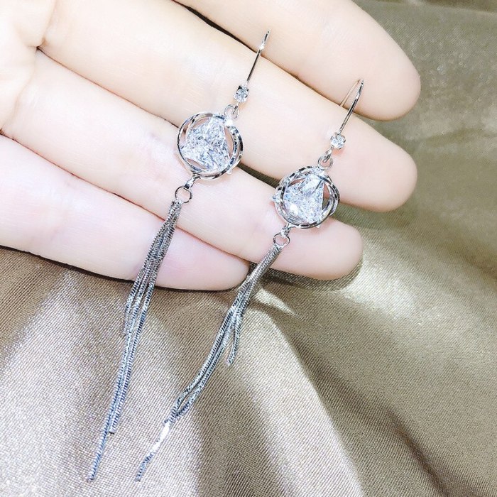 Fashion Zircon Female Stud Earrings Long Fringe Earrings Female Earrings 925 Silver Hook Ornament