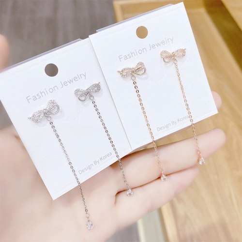 Sweet Fashion New Bow Sterling Silver Needle Stud Earrings Tassel Long Earrings Women