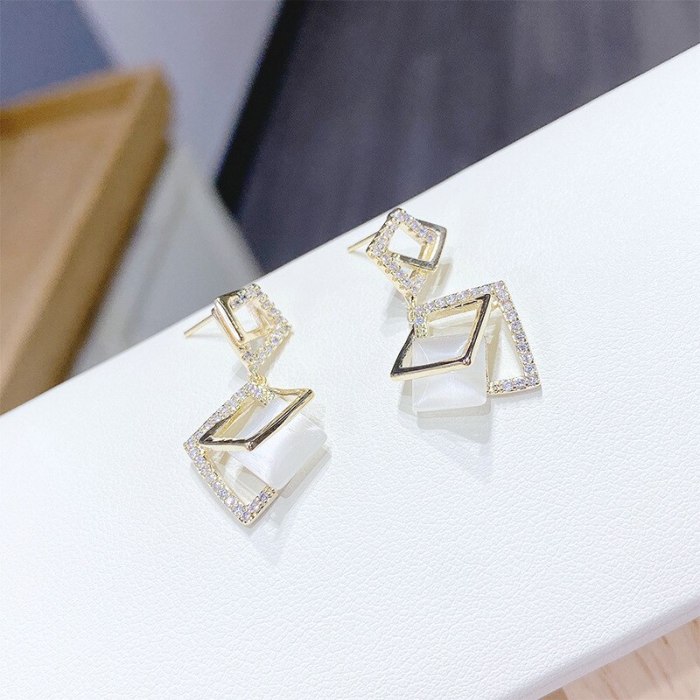 Sterling Silver Needle Opal Stone Ear Studs Creative Fashion Geometry Pattern Personalized Earrings