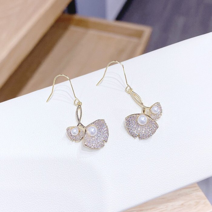 Real Gold Plating S925 Silver Hook Ginkgo Leaf Petite Earrings Women's Exquisite Fine Zircon-Embedded Earrings Fashion Earrings