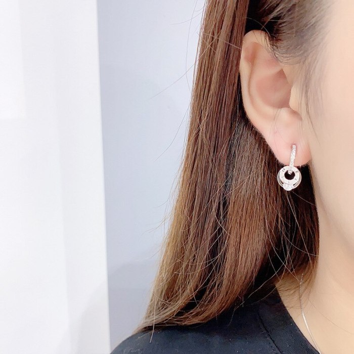 Roman Numerals Full Diamond Ring Ear Studs Female Long Fringe Earrings Online Influencer Jewelry Ear Clip