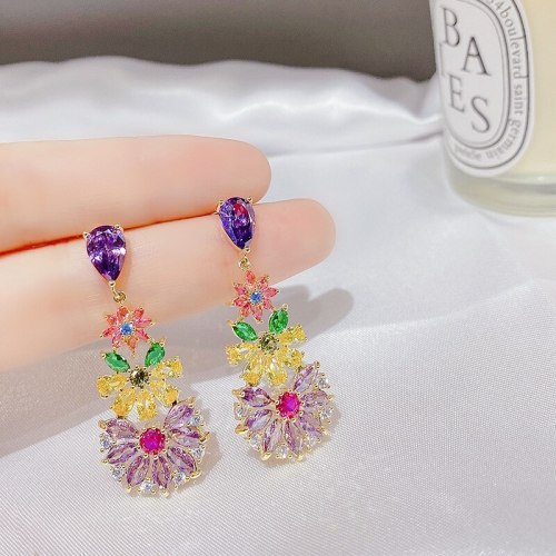 Micro-Inlaid Colorful Zircon Stud Earrings Female S925 Silver Needle Earrings European and American Ins Style Earrings Fashion