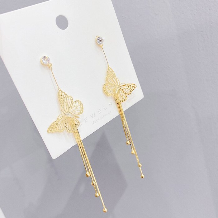 Korean Style Internet Influencer Fairy Multi-Layer Butterfly Tassel Long Earrings 925 Anti-Allergy Elegant All-Match Earrings