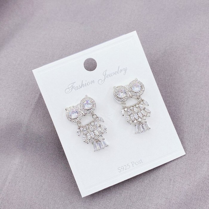 Fashion All-Match New 925 Silver Ear Studs Earrings Women's Inlaid Zircon Owl Earrings