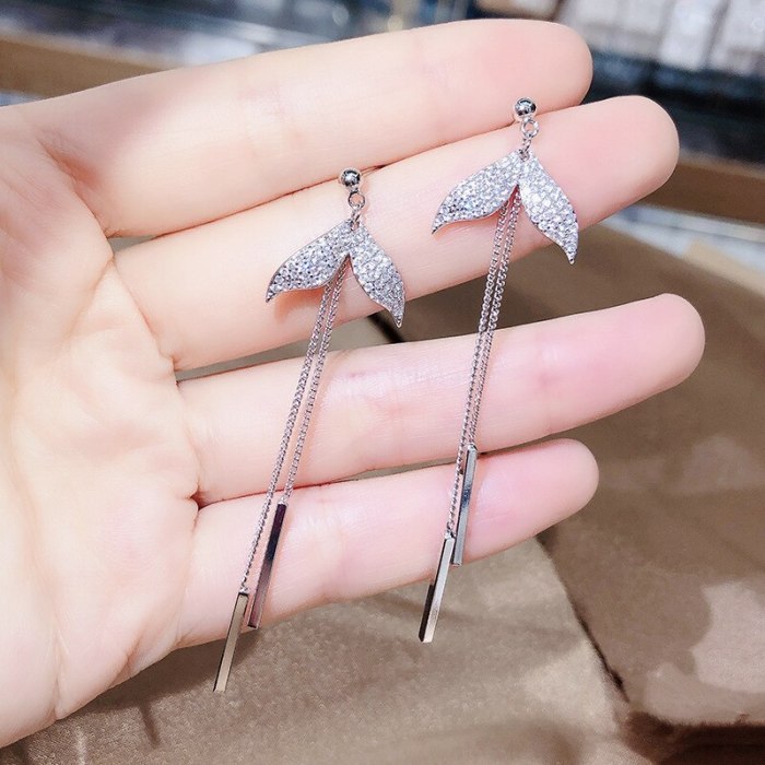Sterling Silver Needle Simple Temperament Micro Inlaid Zircon Fishtail Long Fringe Earrings Female Stud Earrings