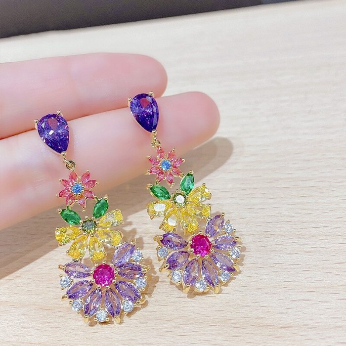 Micro-Inlaid Colorful Zircon Stud Earrings Female S925 Silver Needle Earrings European and American Ins Style Earrings Fashion