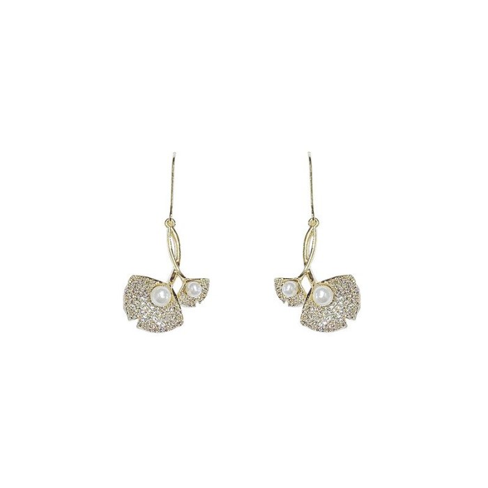 Real Gold Plating S925 Silver Hook Ginkgo Leaf Petite Earrings Women's Exquisite Fine Zircon-Embedded Earrings Fashion Earrings
