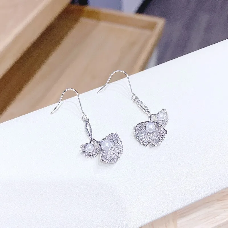 Real Gold Plating S925 Silver Hook Ginkgo Leaf Petite Earrings Women's Exquisite Fine Zircon-Embedded Earrings Fashion Earrings