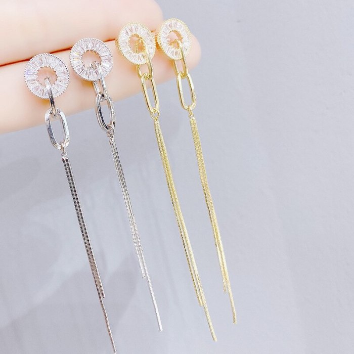 Sterling Silver Needle Fashion Geometry Pattern Rhinestone-Encrusted Chain Earrings Elegant Asymmetry Tassel Earrings