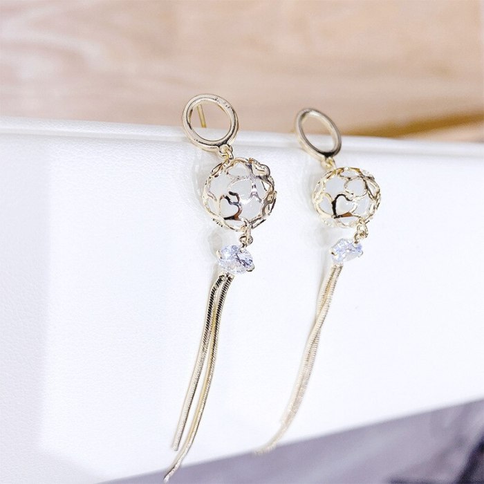 Long Fringe Earrings Stud Earrings Zircon Tide Gold-Plated Hollow Ornament for Women