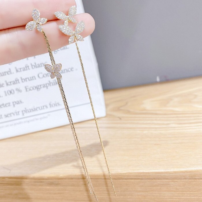 Sterling Silver Needle Butterfly Long Fringe Pendant Stud Earrings for Women All-Match Online Influencer Ear Jewelry