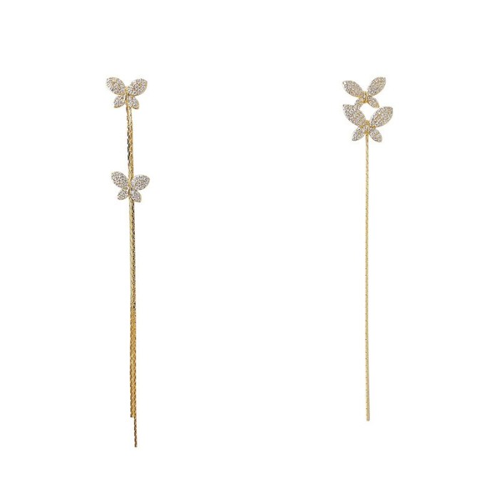 Sterling Silver Needle Butterfly Long Fringe Pendant Stud Earrings for Women All-Match Online Influencer Ear Jewelry