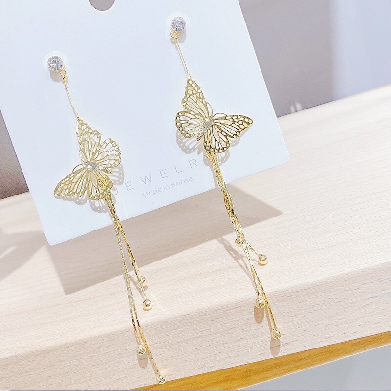 Korean Style Internet Influencer Fairy Multi-Layer Butterfly Tassel Long Earrings 925 Anti-Allergy Elegant All-Match Earrings