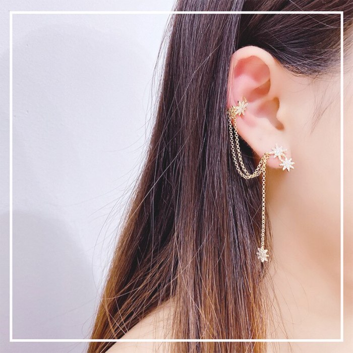 Sterling Silver Needle Earrings Female Eight Awn Star Ear Clip Long Fringe Temperament Integrated Ear Clip