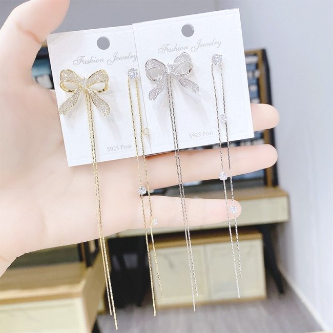 New Zircon Tassel Bow Internet Influencer Long Earrings Temperament Wild Sterling Silver Needle Earrings For Women