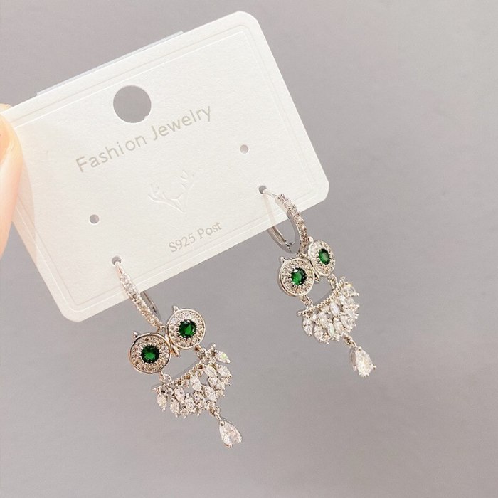 Fashion All-Match New 925 Silver Ear Studs Earrings Women's Inlaid Zircon Owl Earrings