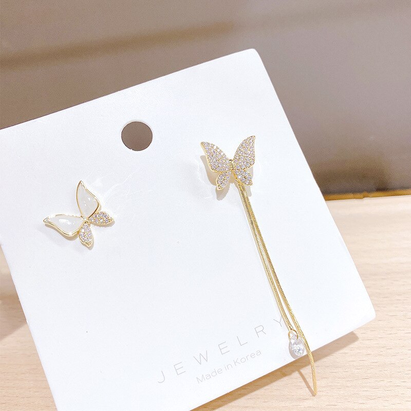 Fashion Design Butterfly Earrings S925 Long Tassel Inlaid Zircon Ear Studs Earrings