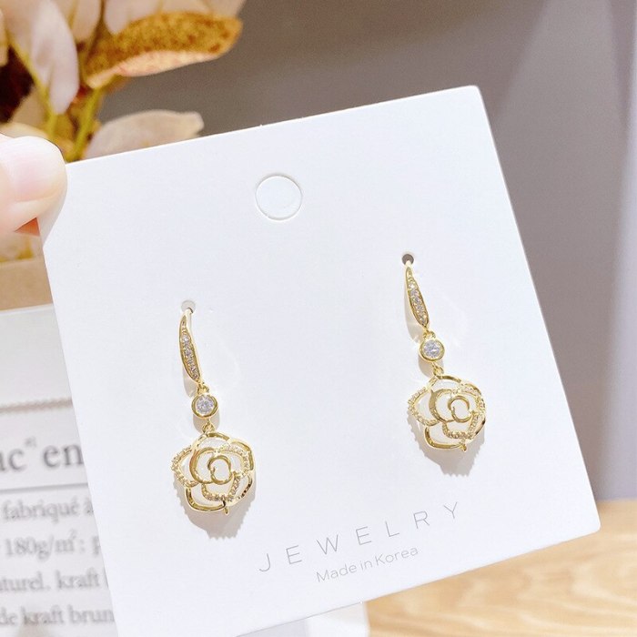 Sterling Silver Needle Stud Earrings Chalcedony Flower Earrings Long Delicate Earrings Electroplated Real Gold Earrings