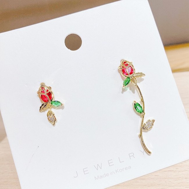 Korean Sterling Silver Needle Tulip Flower Elegant Graceful Zircon Earrings Finely Inlaid Stud Earrings