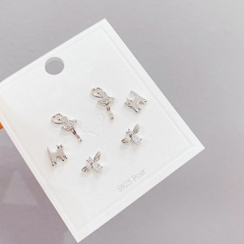 Sterling Silver Needle Micro Inlaid Zircon Three-Piece Earrings Personality One Card Three Pairs Combination Cat Earrings