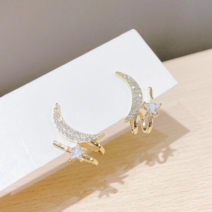 Korean New 925 Silver Needle Moon Five-Pointed Star Fine Zircon-Embedded Earrings Female Stud Earrings Earrings