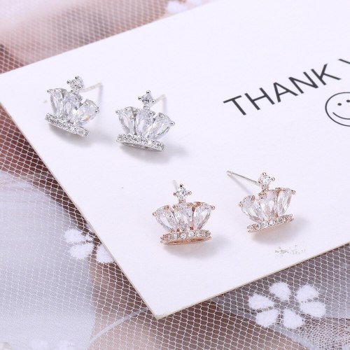 Mori Style Girly and Fashion Crown Zircon Sterling Silver Needle Stud Earrings All-Match New Creative Earrings
