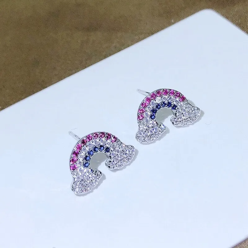 Small and Fashionable All-Match Rainbow Sterling Silver Needle Stud Earrings Trend Creative Stud Earrings
