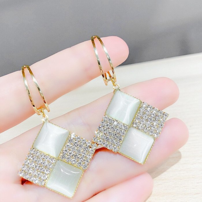 Simple Elegant Personality Square Rhinestone Opal Stone Ear Studs Korean Fashion Earrings Sterling Silver Needle