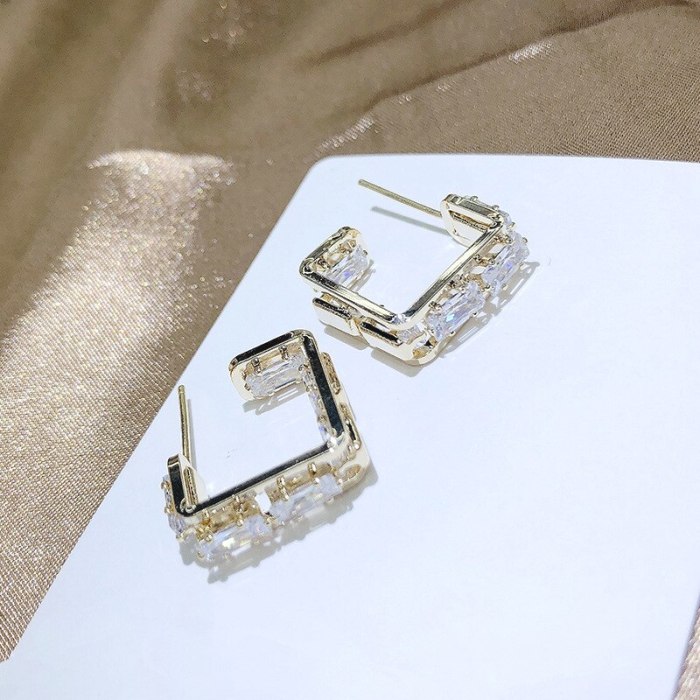 Sterling Silver Needle Simple All-Matching Graceful Rectangular Bar Inlaid Zircon Single Row Ear Studs Earrings