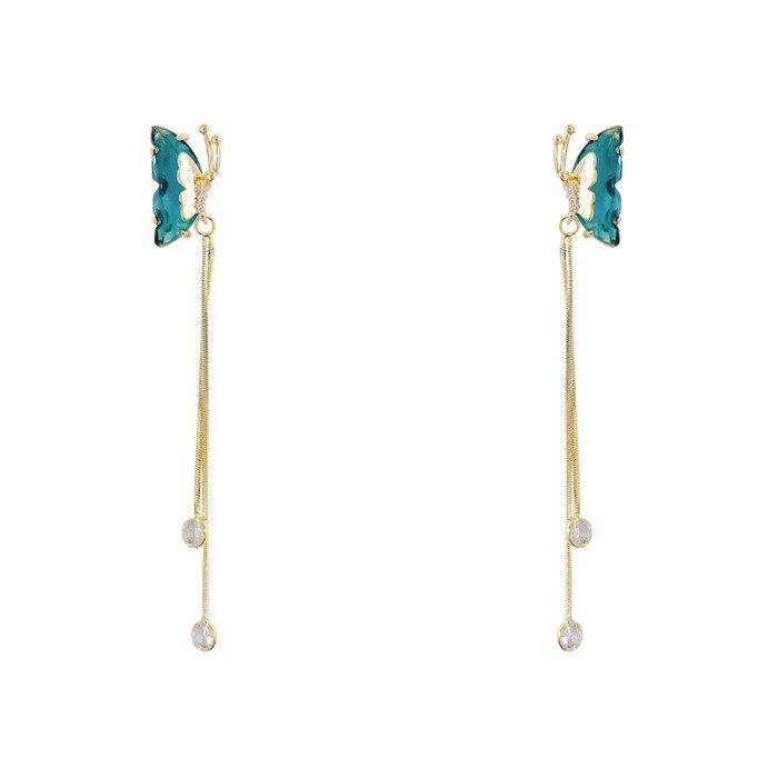 Sterling Silver Needle 14K Real Gold Long Butterfly Tassel Earrings European and American Earrings Stud Earrings for Women