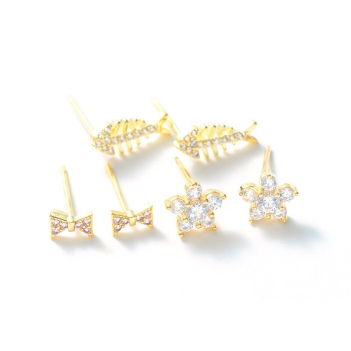 Sterling Silver Needle Inlaid Zircon Bow Three-Piece Set Earrings Personalized Earrings Women