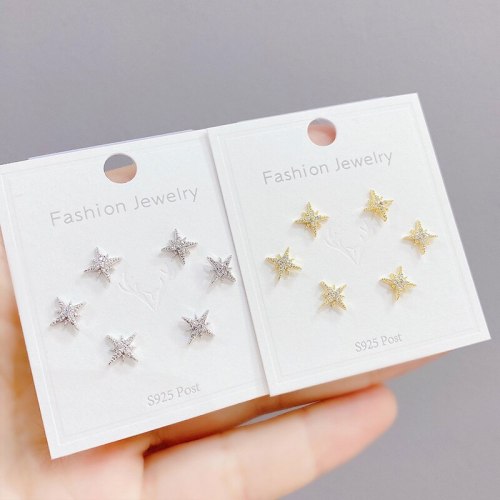 Korean Multi-Pair Set Ear Rings Sterling Silver Needle Eight Awn Star Earrings Three Pairs Zircon Earrings