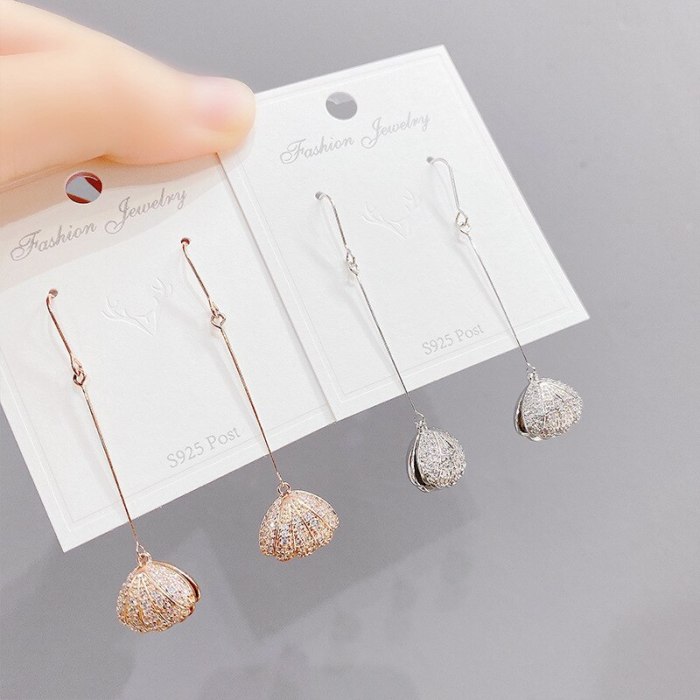 Fashion Sterling Silver Needle Earrings Super Shiny Micro Inlaid Zircon Shell Temperament Ear Clip Ear Stud Earring Women