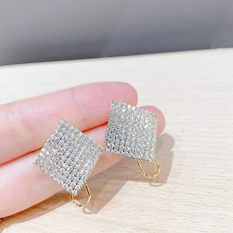 Korean Sterling Silver Needle Full Diamond Square Earrings European and American Personalized Exaggerated Earrings Ear Studs