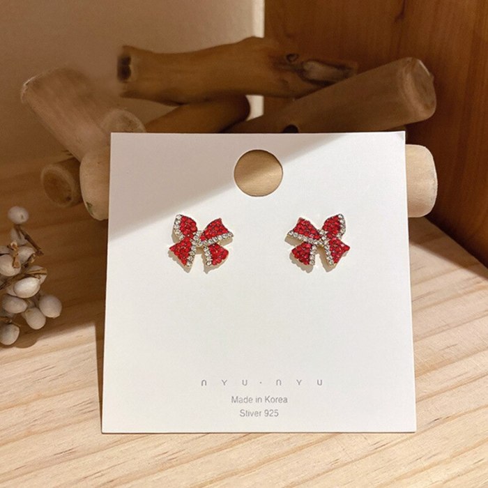 Korean Temperament Red Bow Stud Earrings Girl Sterling Silver Needle All-Match Earrings Small and Exquisite Earrings
