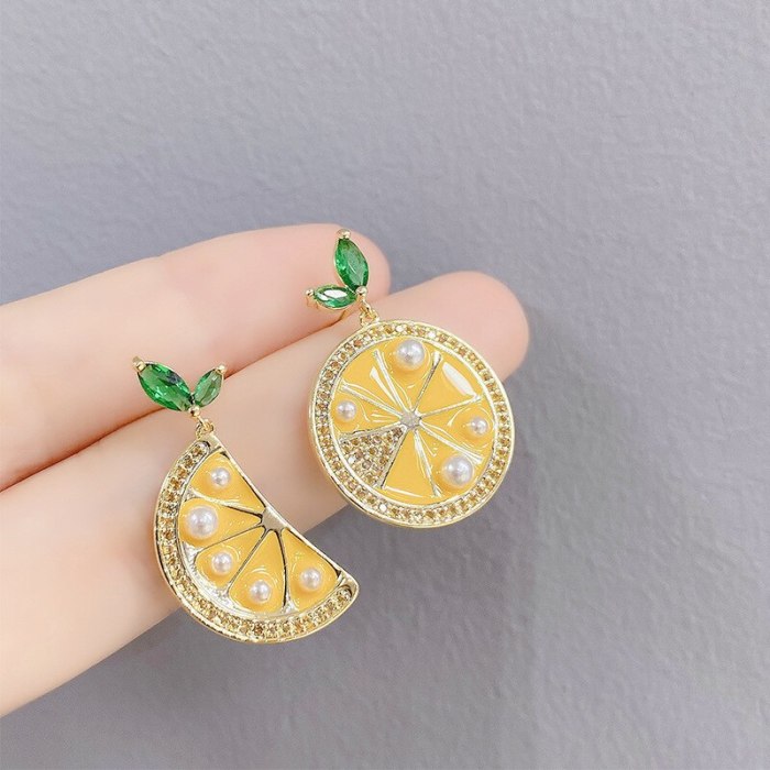 European and American New Fashion Lemon Crystal Earrings Female Sterling Silver Needle Micro Inlaid Zircon Fruit Ear Studs