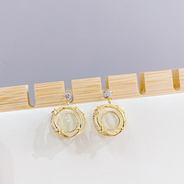 Sterling Silver Needle Opal Stone Ear Studs French Retro Earrings Internet Celebrity Fashion and Personalized Earrings