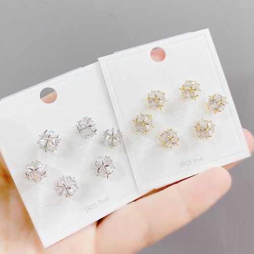 Sterling Silver Needle Micro Inlaid Zircon Spherical Three-Piece Earrings Small Personality Earrings