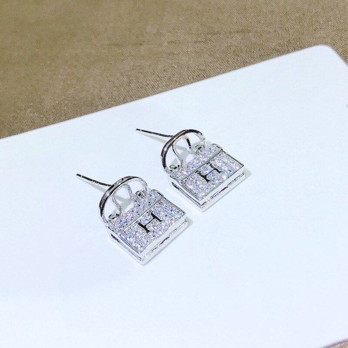 European and American Letter H Bag Earrings Female Personality 925 Silver Stud Rhinestone-Encrusted Earrings Simple All-Match