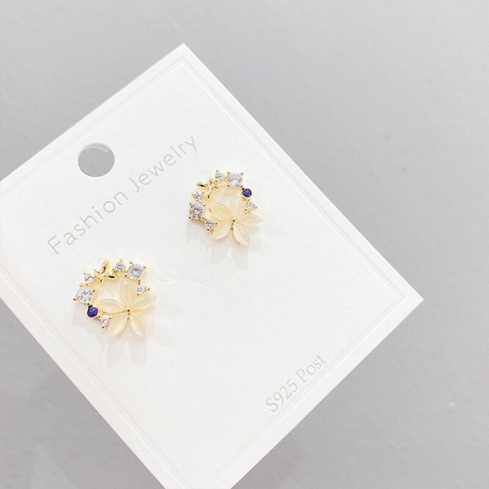 Cute Opal Flower Rhinestone-Embedded Stud Earrings Sterling Silver Needle Stud Earrings Female All-Matching Graceful Petals