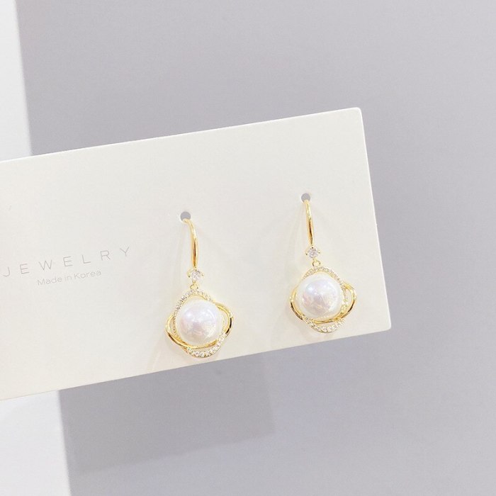 Korean Pearl Earrings Retro Geometric New Trendy Style 925 Silver Needle Temperament and Fully-Jewelled Female Stud Earrings