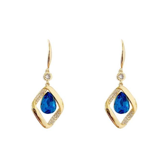 Korean Fashion Hollowed-out Geometric Blue Crystal Earrings Sterling Silver Needle Personality Stud Earrings for Women