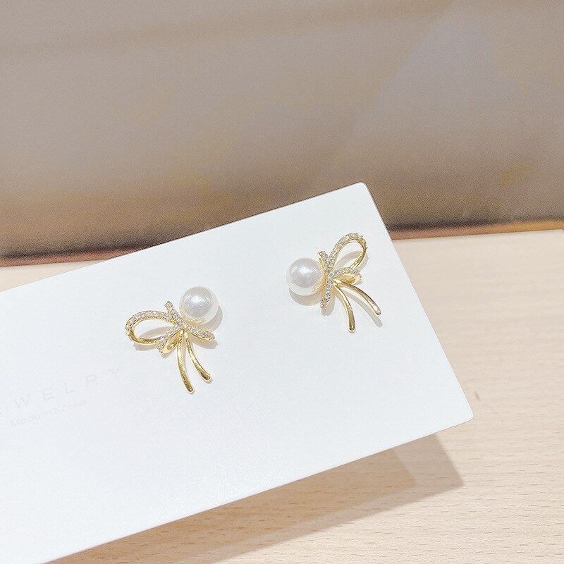Sterling Silver Needle Korean Vintage Pearl Bow Stud Earrings Simple All-Match Petite Earrings Earrings for Women