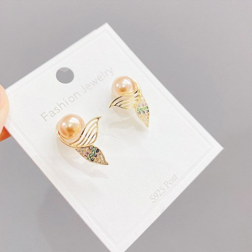 Fishtail Pearl Stud Earrings Simple Temperament Female Micro Inlaid Color Zircon Earrings Tide S925 Silver Auricular Needle