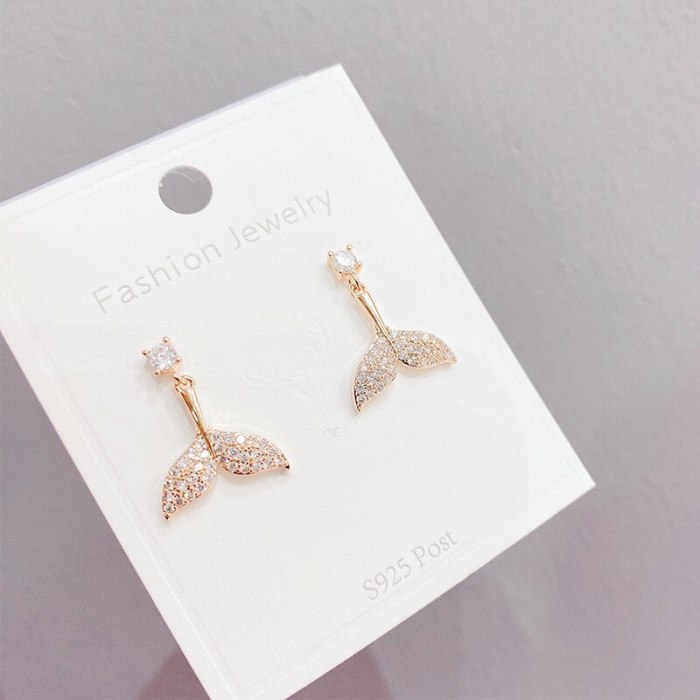 Mermaid Fishtail Zircon Sterling Silver Needle Stud Earrings New Full Diamond Girls Earrings Ornament