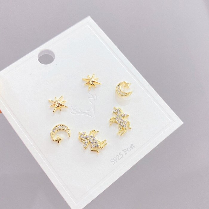 Korean Multi-Pair Set Earrings Sterling Silver Needle Elegant Earrings Unicorn Three Pairs Zircon Earrings Gold Plated