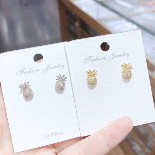 Zircon Finely Inlaid Stud Earrings Fruit Pineapple 925 Silver Pin Earrings Hypoallergenic