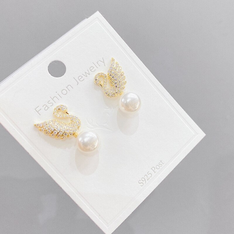 Sterling Silver Needle Swan Stud Earrings Women's Simple Internet Influencer Earrings Micro Inlaid Zircon Pearl Stud Earrings